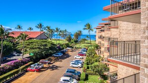 Un hôtel doté d’un parking, offrant une vue sur l’océan et bordé de palmiers.