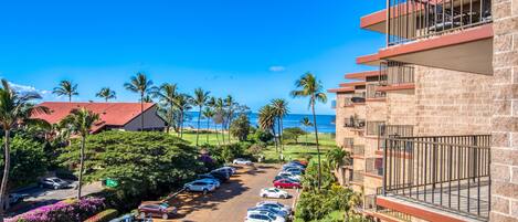 A hotel with a parking lot, a view of the ocean, and palm trees.