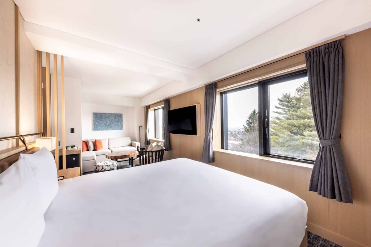 Deluxe-huone, 1 suuri parisänky ja vuodesohva, tupakointi kielletty (Sofa bed included for 3 guests) | Tallelokero huoneessa, työpöytä