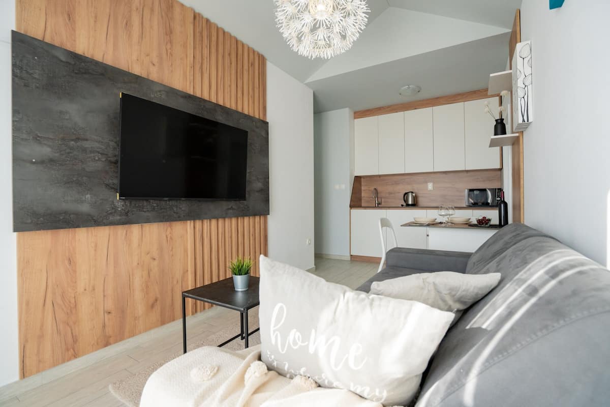 A modern living room with a grey sofa, a flat-screen TV mounted on a wooden wall, a small table with a plant, and a kitchen area in the background.