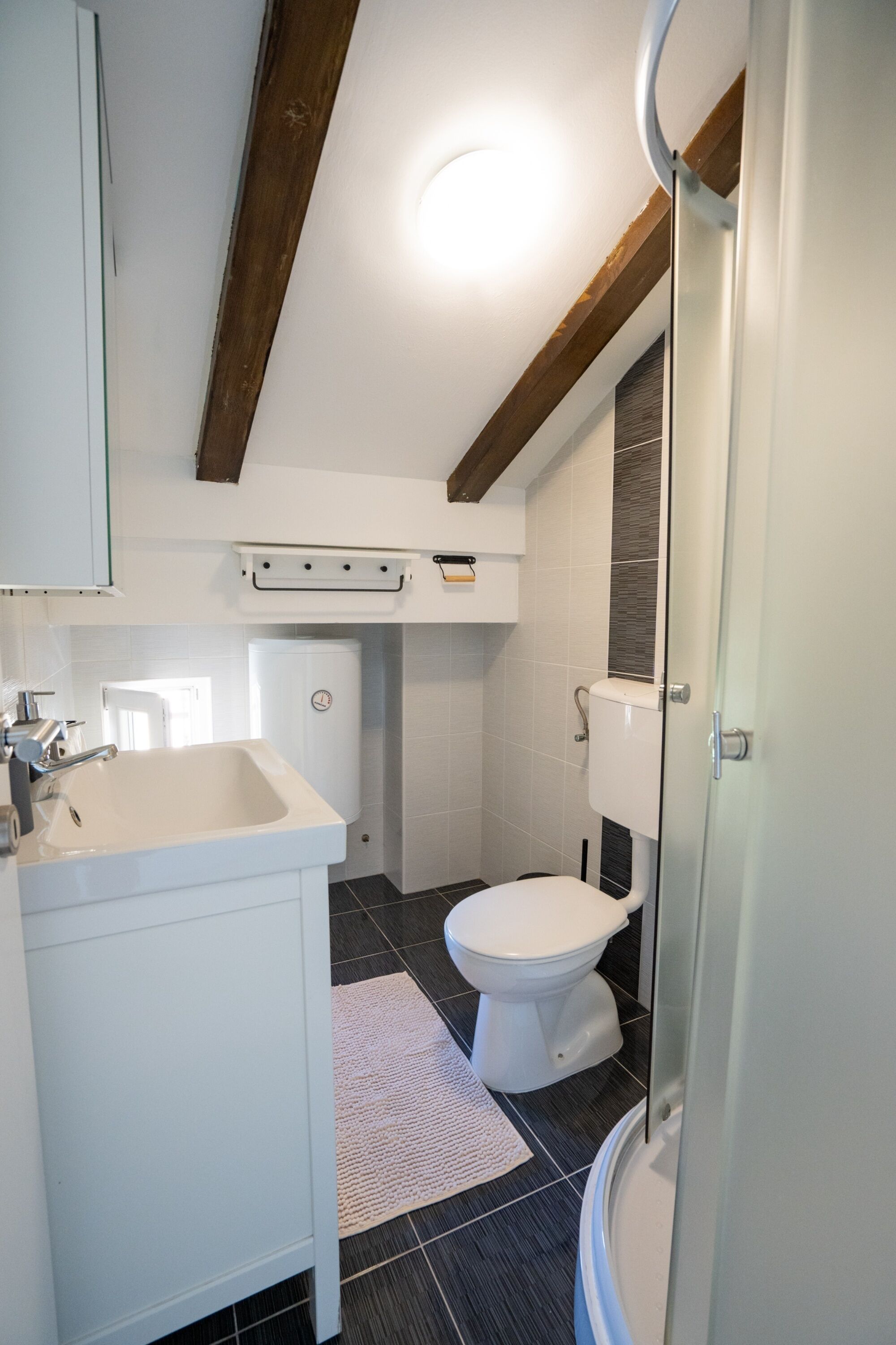 A modern bathroom with a white sink, a toilet, and a glass shower enclosure.