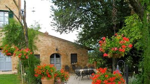 Un bâtiment en briques doté d’un patio, d’un espace extérieur aménagé avec des sièges et de plantes en pot.