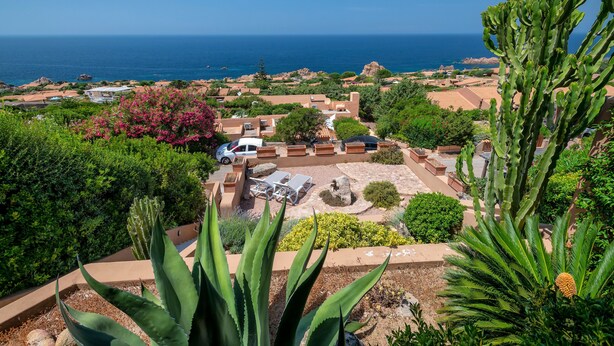 Um resort à beira-mar com vista para o oceano, cactos e área de piscina.