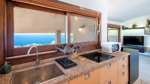 Uma cozinha com vista para o oceano, uma pia, um escorredor de louça, um micro-ondas e uma TV de tela plana.