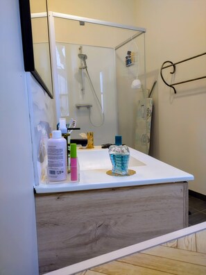 Shower, hair dryer - L'appart Millau – City Center Apartment with Wi-Fi and Free Parking (Millau)