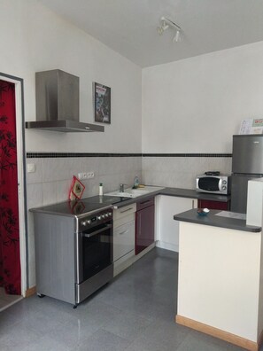 Fridge, microwave, oven, stovetop - L'appart Millau - City Centre - Holiday Apartment with Wi-Fi and Free Parking (Millau)
