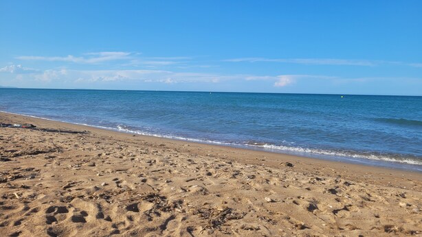 Een strand met voetafdrukken en een helderblauwe lucht.