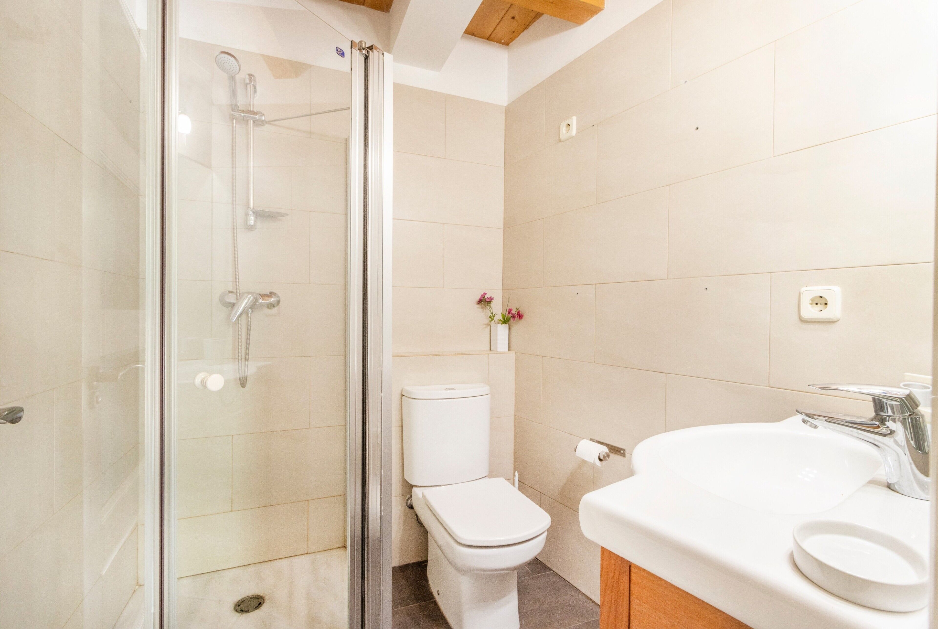 Un baño con ducha acristalada, inodoro y lavamanos con espejo.