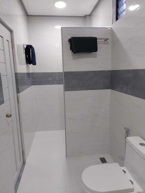 A modern bathroom with a shower, toilet, and towel rack. - Fehi Velaa Stay (Dhonfanu)