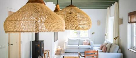 Televisión, chimenea, libros y estéreo