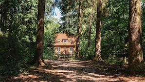 Una casa rodeada de árboles altos en un bosque.