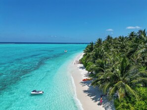 A beach with clear turquoise water, a boat, and a row of palm trees.