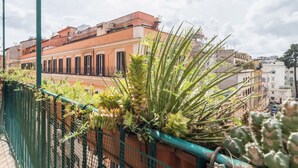 Un balcón con barandilla de metal verde, plantas en macetas y vistas a un edificio con fachada roja y ventanas de arco.