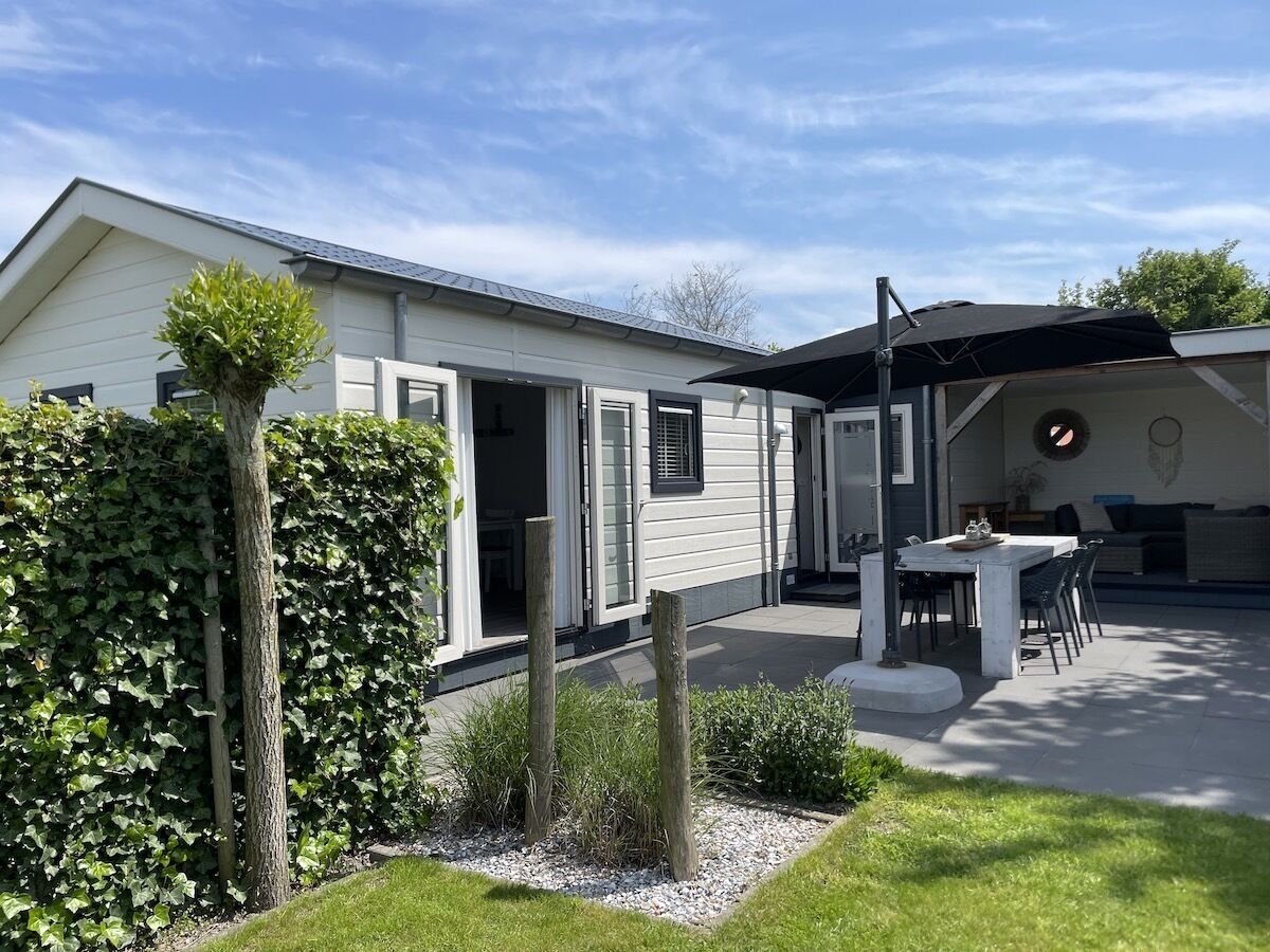 A modern house with a patio area, a covered outdoor seating space, and a garden with a hedge and a tree.