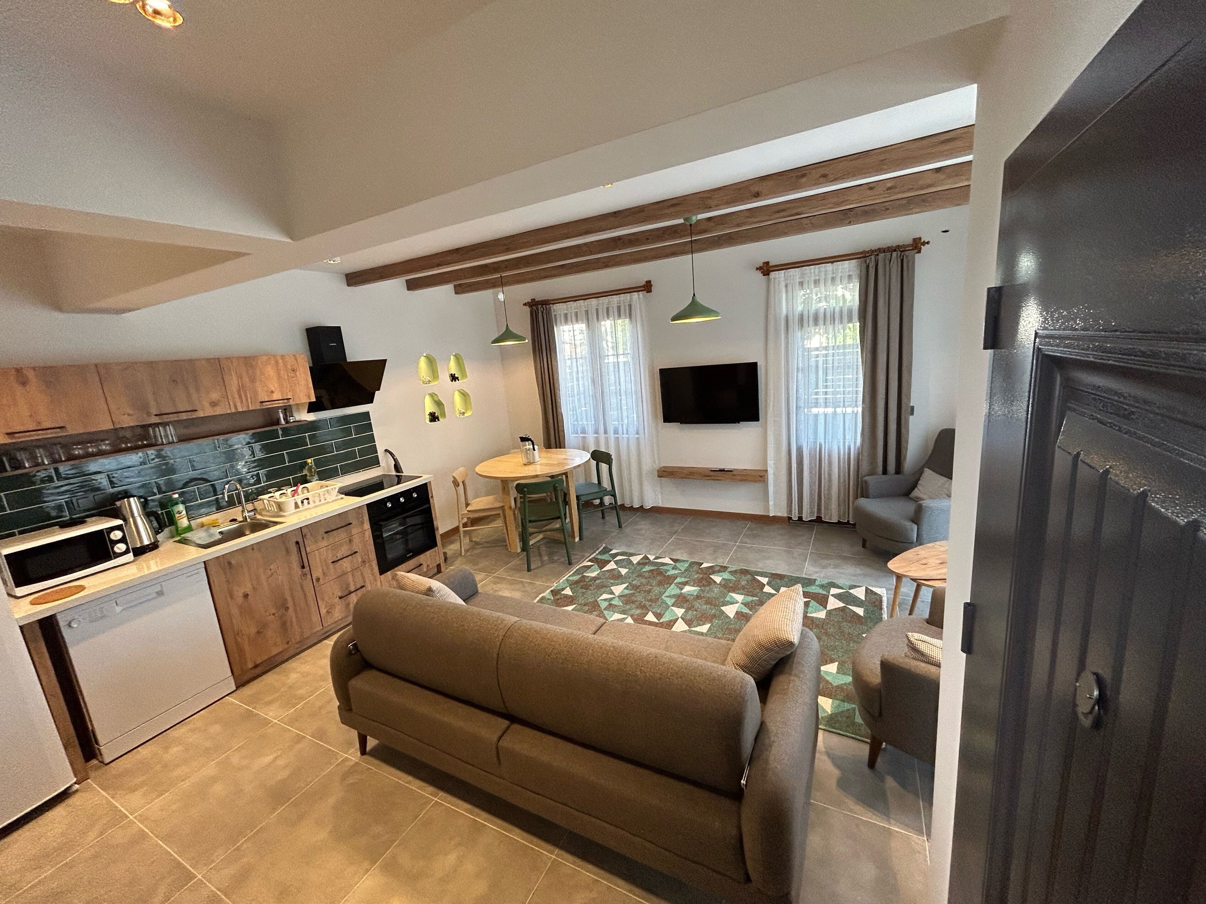 Een knus woongedeelte met een kitchenette, een slaapbank, een eethoek en een aan de muur bevestigde televisie.