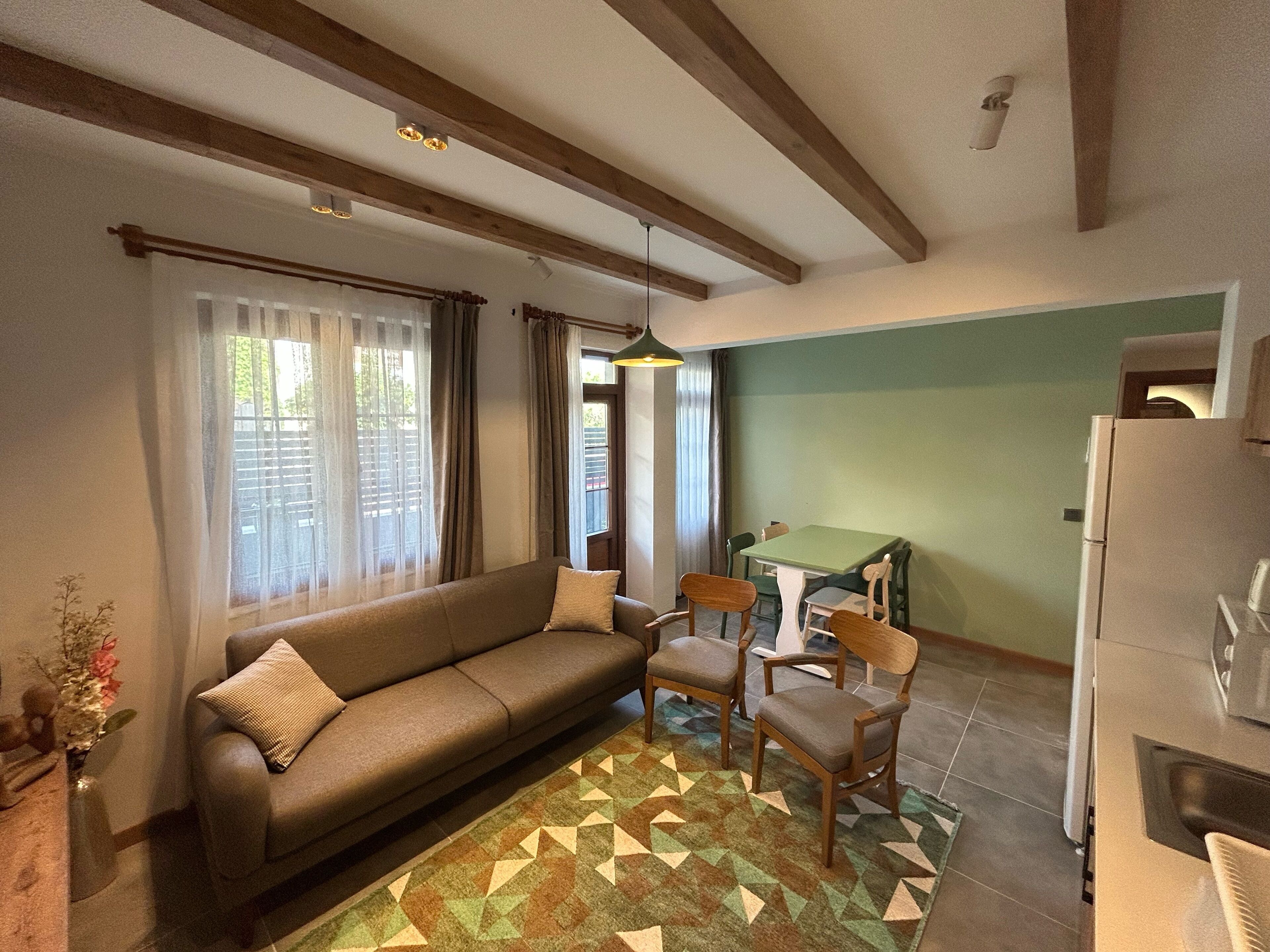 A cozy living room with a sofa, chairs, a dining table, and a kitchen area.