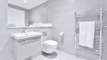 Shower, hair dryer, towels