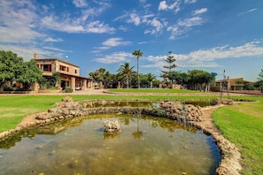 Surrounded by lush greenery and a serene pond, this traditional building offers a peaceful retreat.