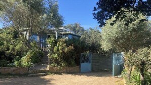 Une maison avec une allée en terre battue menant à une entrée fermée par un portail, entourée d’arbres et de végétation.