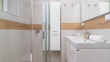 Shower, hair dryer, shampoo