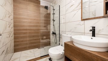Shower, rainfall showerhead, free toiletries, hair dryer