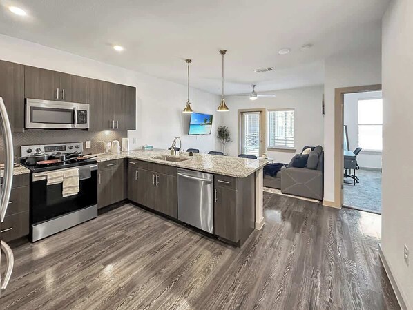 Fridge, microwave, oven, dishwasher