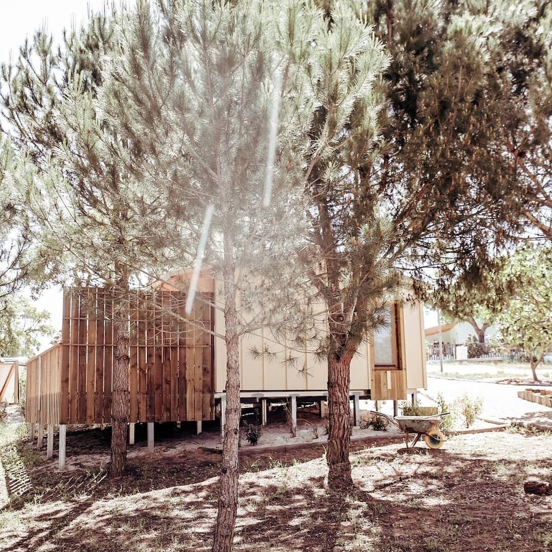 A modern building with a wooden facade and a covered outdoor area.