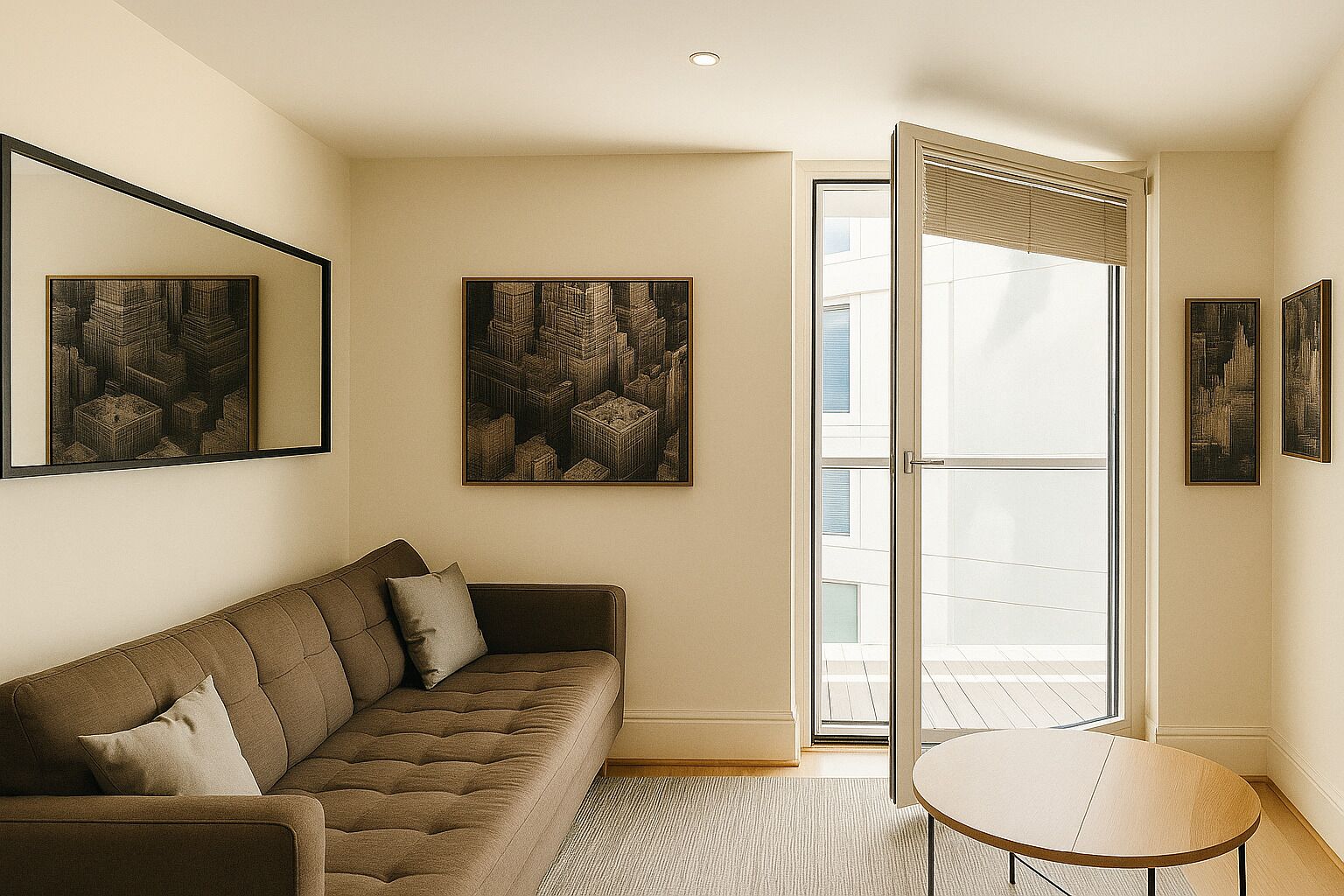 A modern living room with a brown sofa, a small round table, and two framed cityscape paintings on the wall.