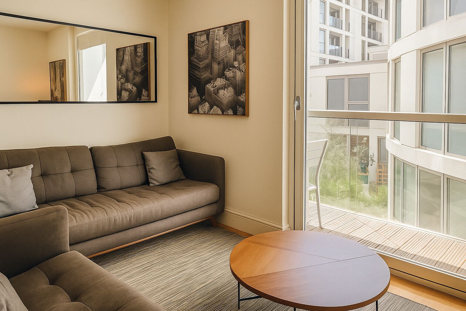A modern living room with a sofa, a round coffee table, and artwork on the walls.