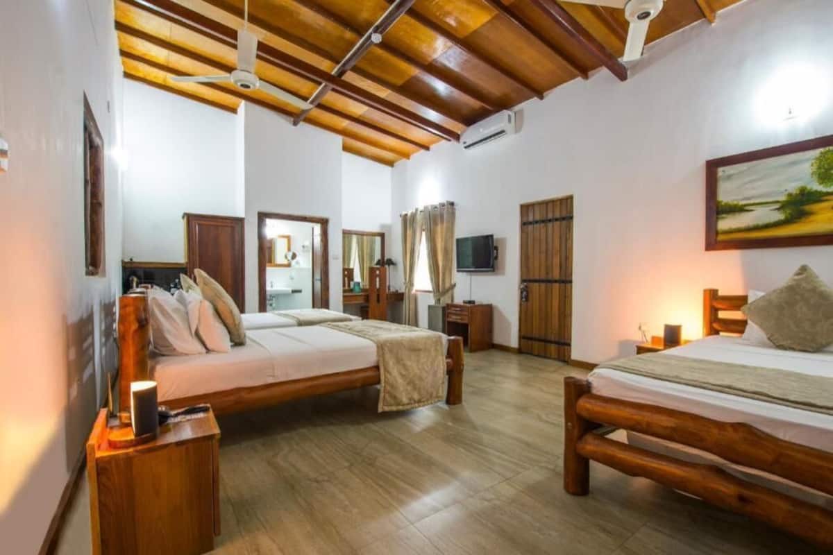 A room with two wooden beds, a ceiling fan, a TV, and a painting on the wall.