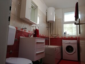 Hair dryer, towels, soap, shampoo