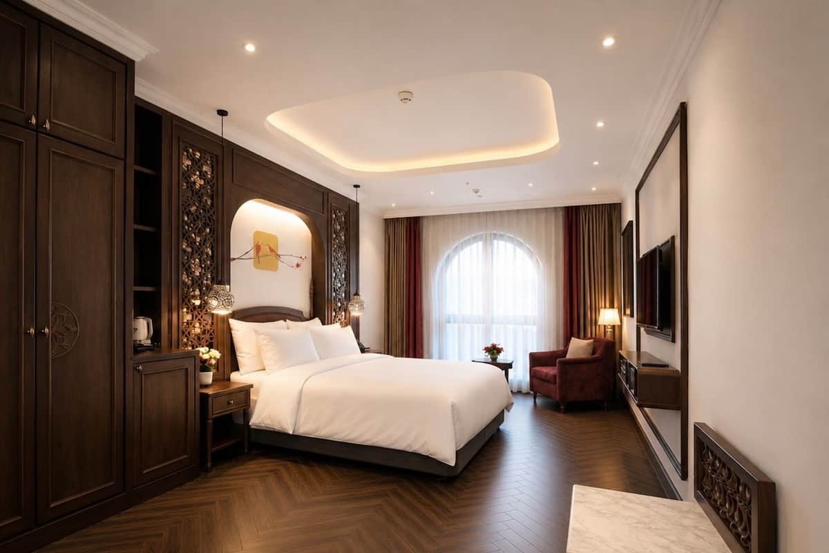 Kamar Double Deluks, pemandangan kota | Minibar, brankas, meja kerja, dan ruang kerja ramah laptop