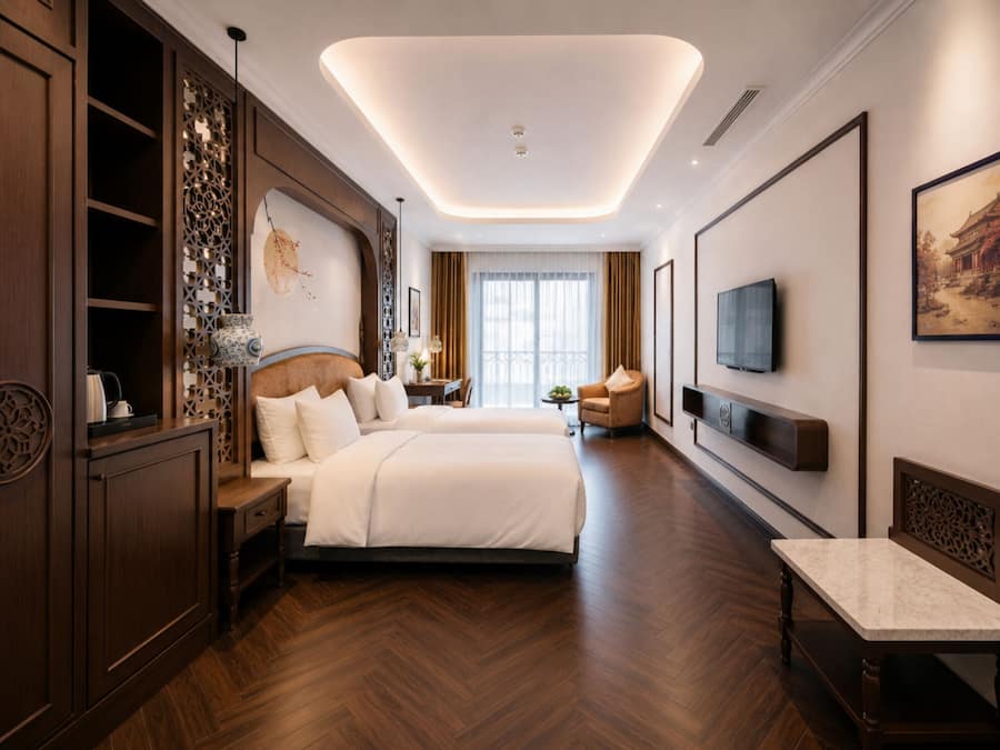 Een hotelkamer met een groot bed, een aan de muur bevestigde televisie, een houten kast en een decoratieve wand.