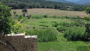A stone patio with a rustic bench, surrounded by a lush green garden and a view of distant mountains. - Casa Lascorz (Ainsa)