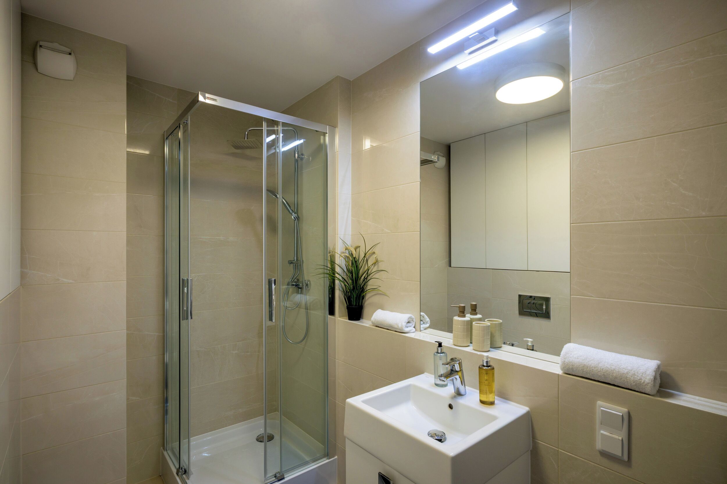 Une salle de bain moderne avec une douche à parois de verre, un lavabo blanc et un miroir au-dessus.