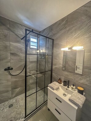 Shower, hair dryer, towels