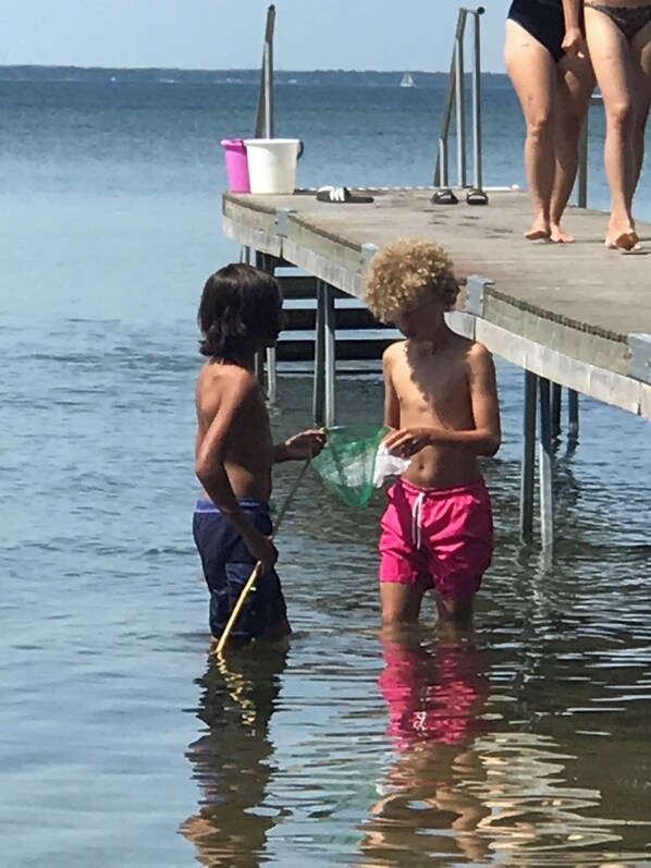 Two children standing on a dock by the water, holding a net.