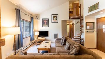 TV, perapian, pemutar DVD, dan koleksi video