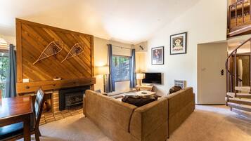 TV, perapian, pemutar DVD, dan koleksi video