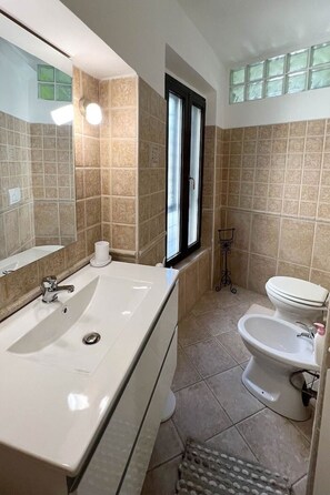 Une salle de bain avec un grand lavabo, des toilettes et une fenêtre.