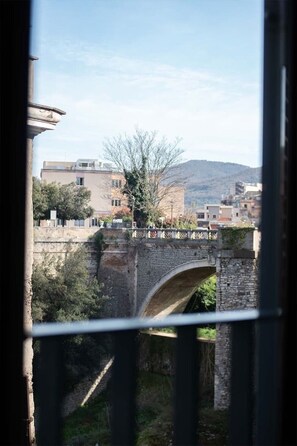 Un pont de pierre doté d’une passerelle piétonne, entouré de bâtiments et d’arbres, vu depuis l’arrière d’une rambarde en métal.