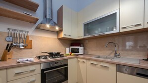 A modern kitchen with a gas stove, oven, microwave, and stainless steel dishwasher. - Villa Luma (Galovac)