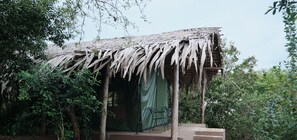A rustic hut with a thatched roof, surrounded by dense foliage. - Forest Lodge Eco Camp  (Rankethgama)