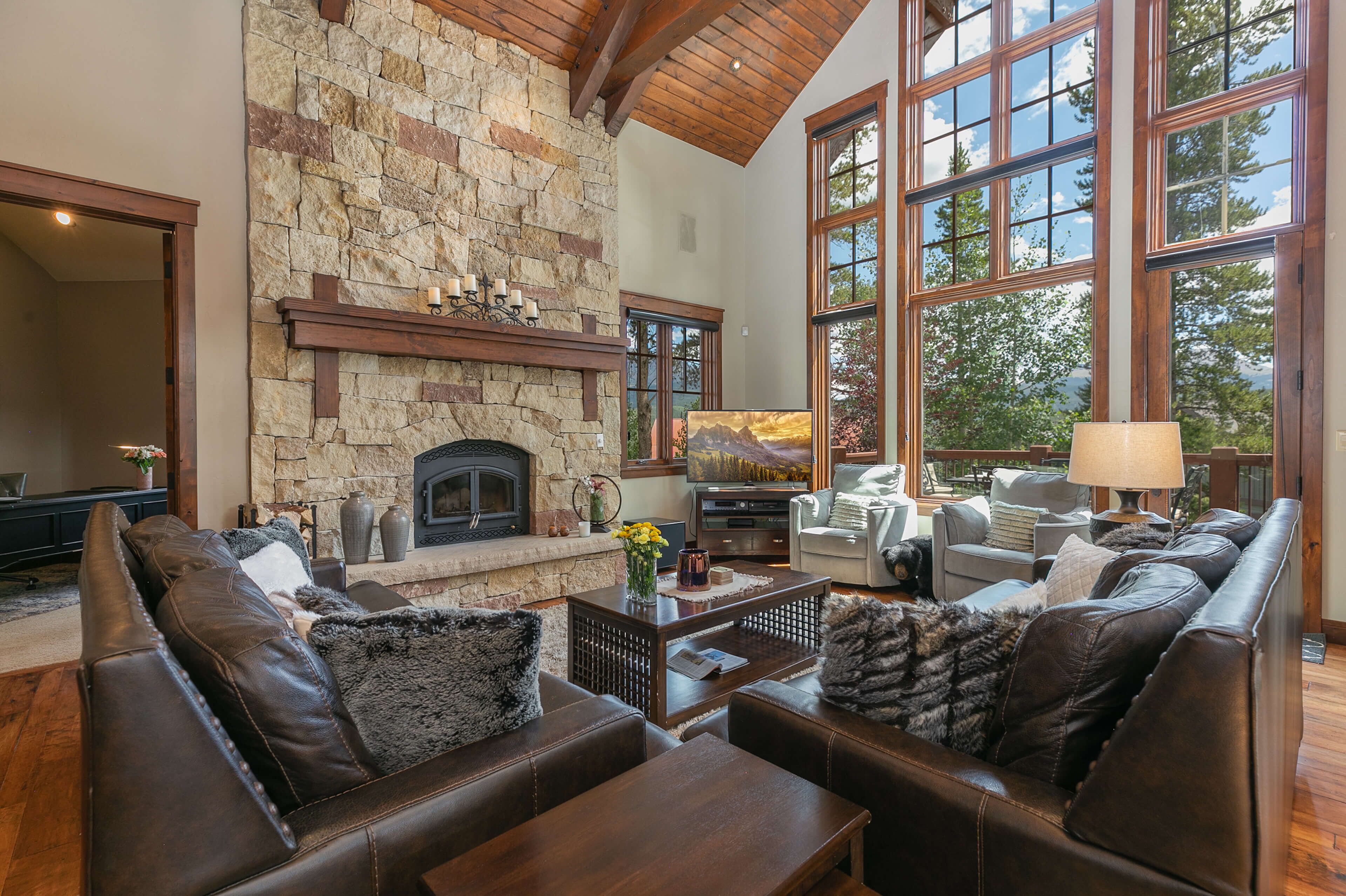 Téléviseur, foyer, lecteur de DVD, table de baby-foot