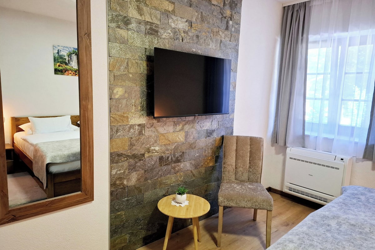 Une chambre d’hôtel avec un mur en pierre, un téléviseur à écran plat, un lit, une chaise, une petite table avec une plante et une fenêtre avec des rideaux.