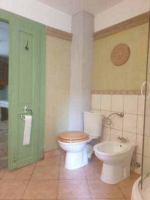 Une salle de bain avec des toilettes, un bidet et une porte verte.