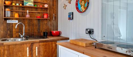 Fridge, microwave, electric kettle, toaster