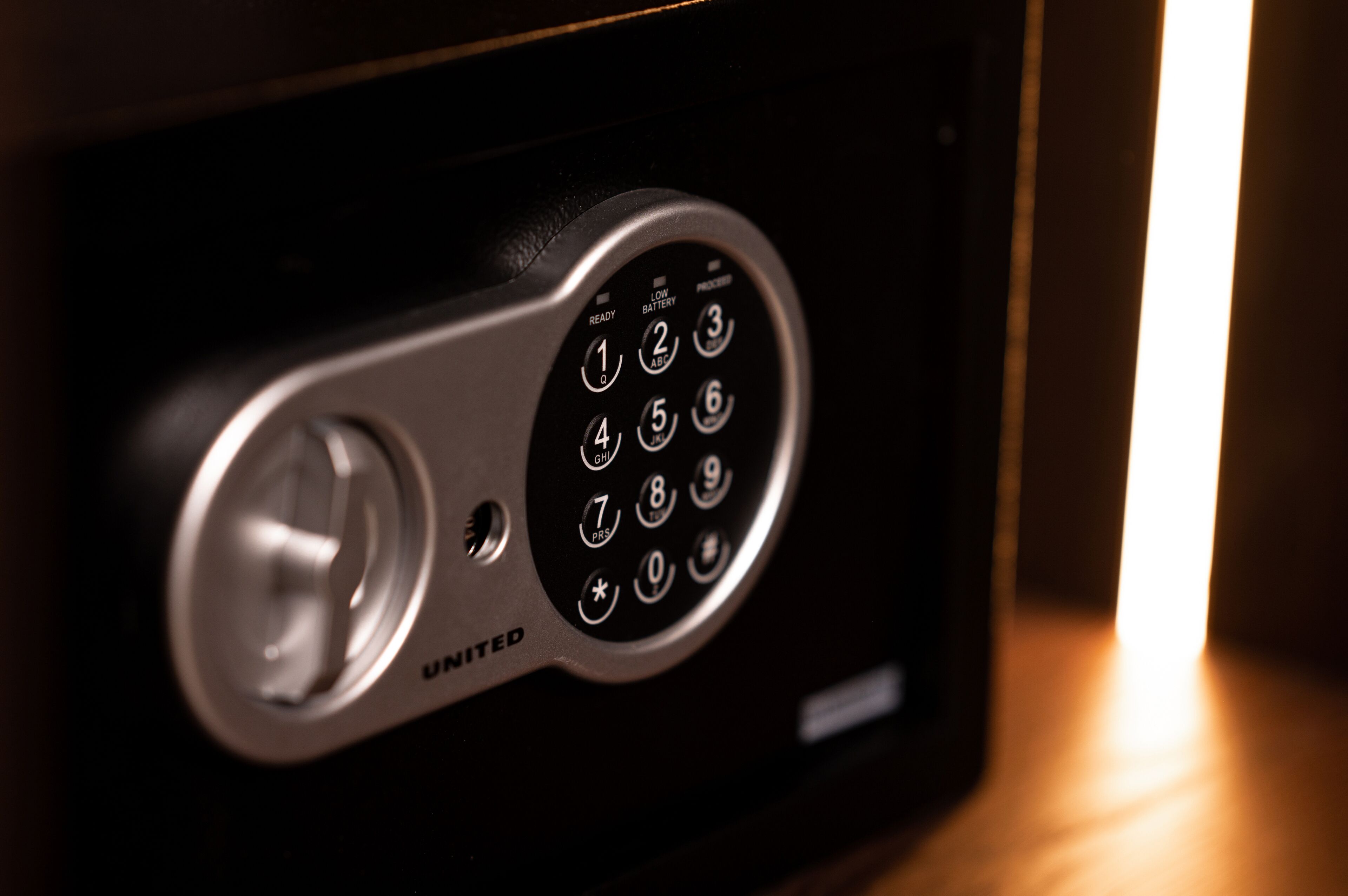 A close-up of a United hotel room's keypad.