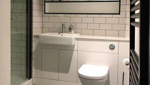 A bathroom with a glass shower enclosure, a white sink, and a toilet.