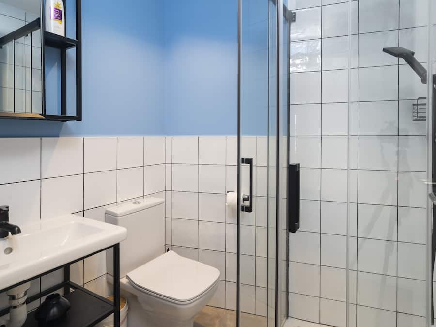 Een badkamer met een wit wastafelmeubel, toilet en een douchecabine van glas.
